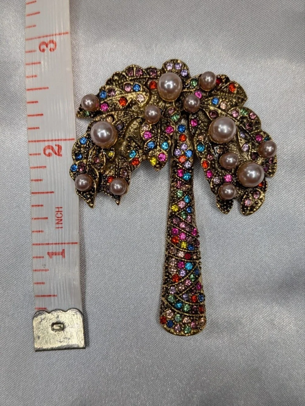 Multicolor Rhinestone Faux Pearl Palm Tree Brooch Pin Gold Tone Tropical